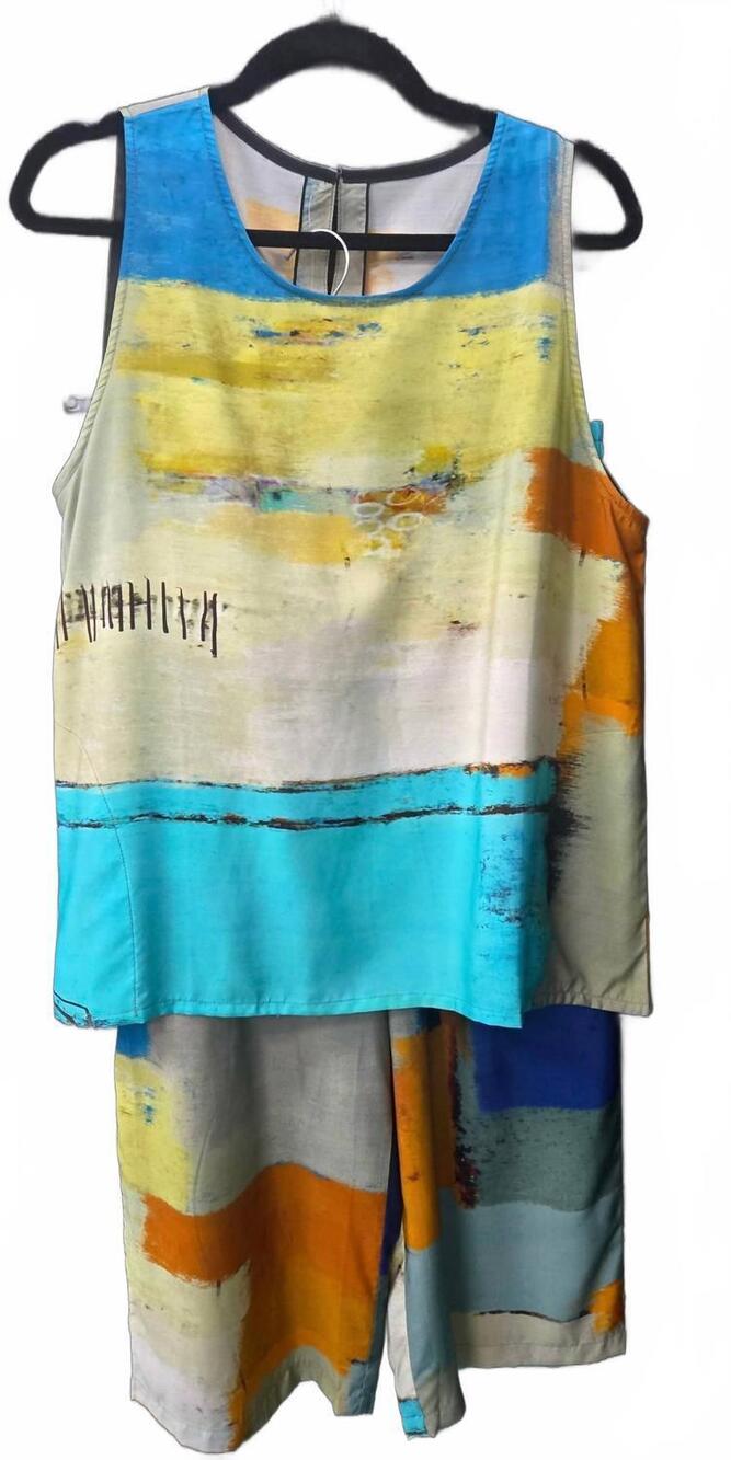 NEW 3 POTATO women's viscose tank & pant set in multi - blues tq